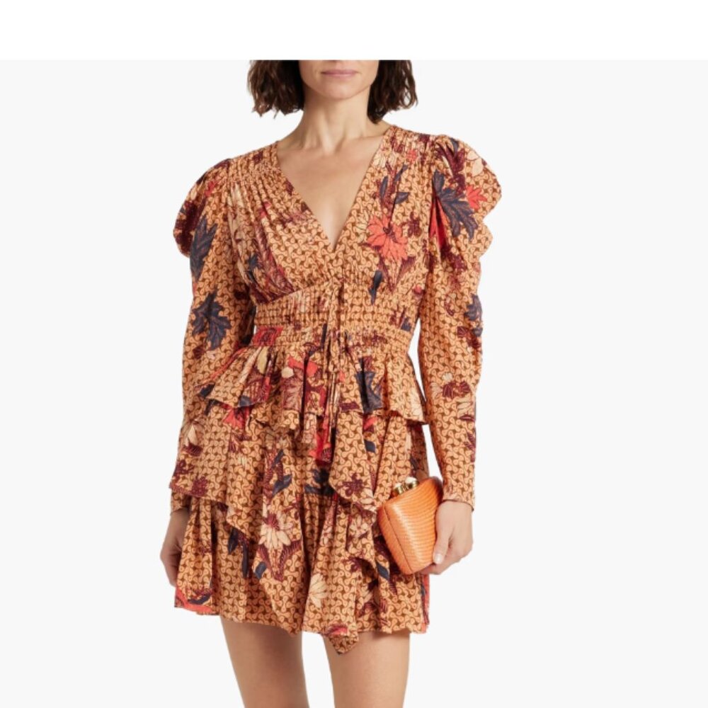 Ulla Johnson “Oni” Ruffled Printed Silk Crepe de Chine Mini Dress – 100% Silk